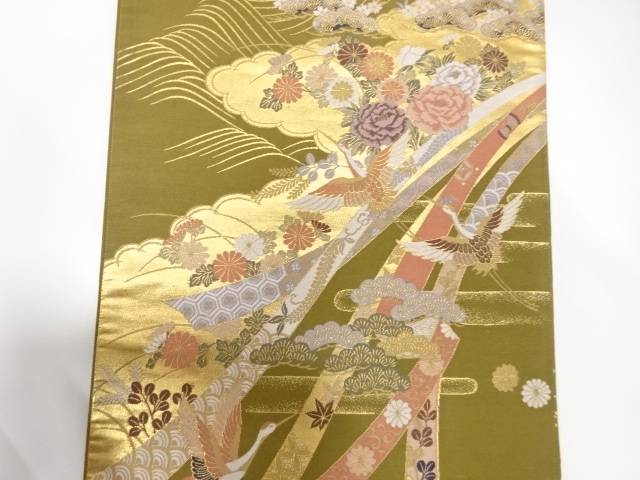 熨斗に鶴・花模様織り出し　袋帯【中古】【着】