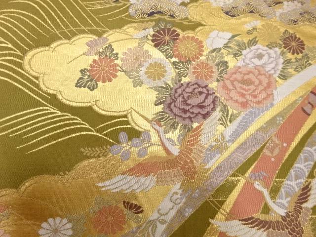 熨斗に鶴・花模様織り出し　袋帯【中古】【着】