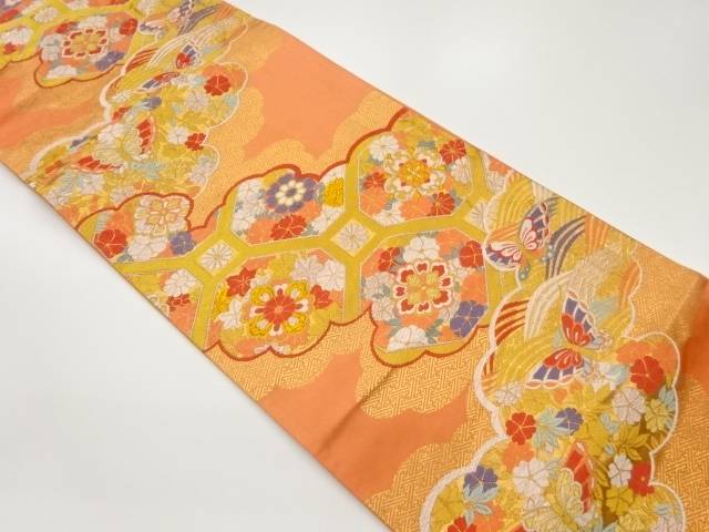 雲取りに花々・蜀江・蝶模様織出し袋帯【中古】【着】