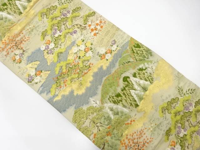 流水に山並み・松梅模様織出し袋帯（着用可）【アンティーク】【中古】【着】