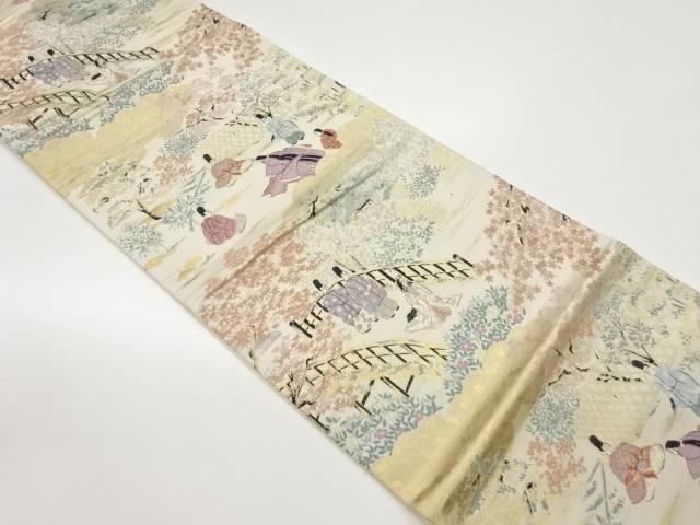 木々・橋に人々模様織出し袋帯【中古】【着】(4)