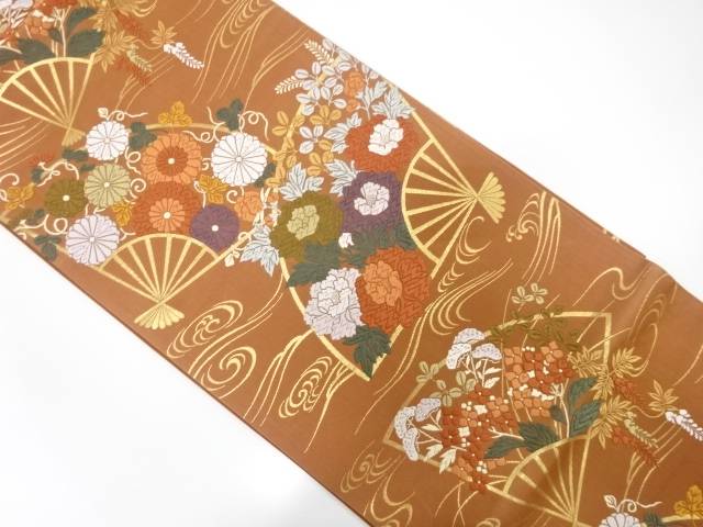 唐織　扇に牡丹・菊・紫陽花模様織り出し袋帯（材料）【アンティーク】【中古】【着】