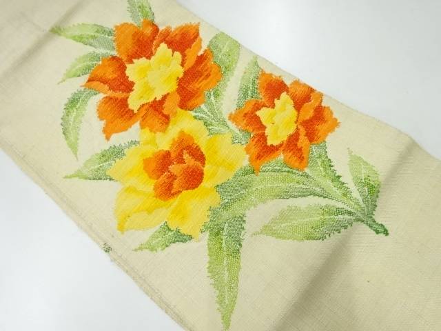 手織り真綿紬草花模様織り出し名古屋帯【アンティーク】【中古】【着】(4)