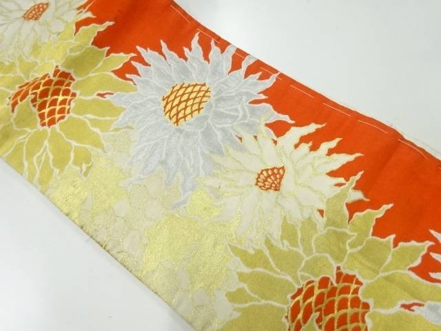 花模様織出し名古屋帯（材料）【アンティーク】【中古】【着】