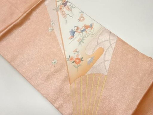 扇子に鴛鴦・花々模様刺繍名古屋帯【中古】【着】 扇子に鴛鴦・花々模様刺繍名古屋帯【中古】【着】