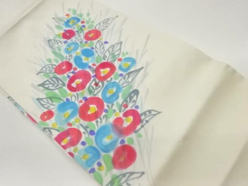 作家物 塩瀬手描き抽象椿模様名古屋帯【中古】【着】 作家物 塩瀬手描き抽象椿模様名古屋帯【中古】【着】