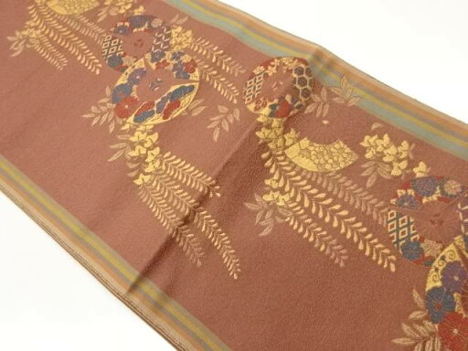 金通し扇に草花模様織出し名古屋帯【中古】【着】 金通し扇に草花模様織出し名古屋帯【中古】【着】