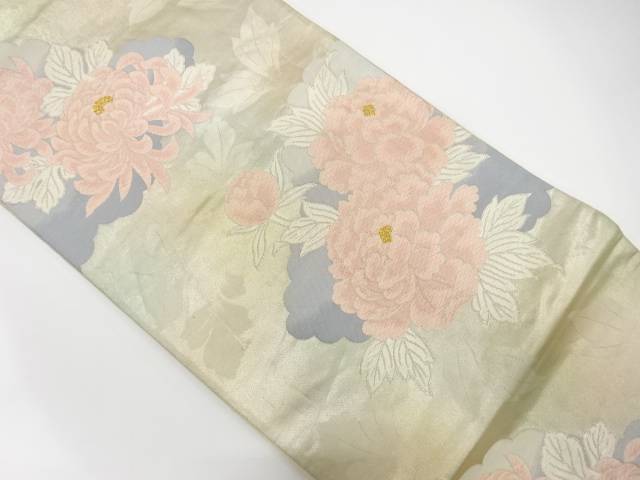 雲に牡丹模様織り出し袋帯（材料）【アンティーク】【中古】【着】
