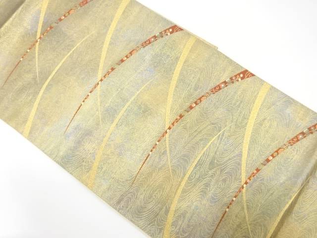 引箔　芝草に菊・芒模様織り出し　袋帯【中古】【着】