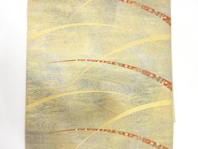 引箔　芝草に菊・芒模様織り出し　袋帯【中古】【着】
