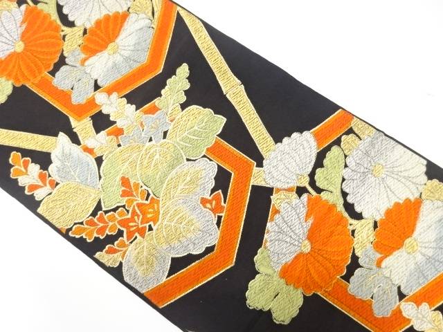 亀甲に桐・菊模様織り出し袋帯（着用可）【アンティーク】【中古】【着】