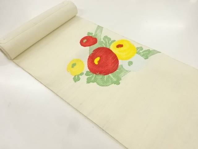 手織り紬万寿菊模様織出し名古屋帯地反物【アンティーク】【中古】【着】【sp_off】