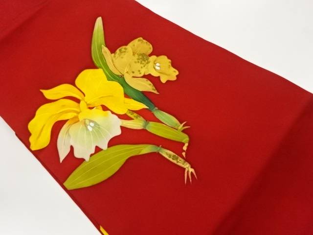 塩瀬手描きカトレア模様名古屋帯【中古】【着】