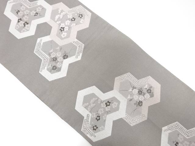 毘沙門亀甲に花模様織出し全通袋帯【中古】【着】