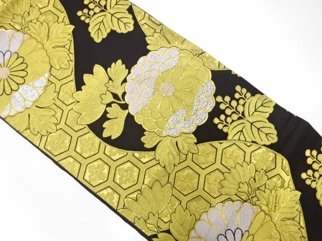 流水に菊桐花亀甲模様織出し袋帯（着用可）【アンティーク】【中古】【着】