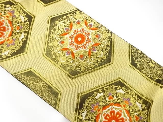 亀甲に華紋模様織出し袋帯【中古】【着】