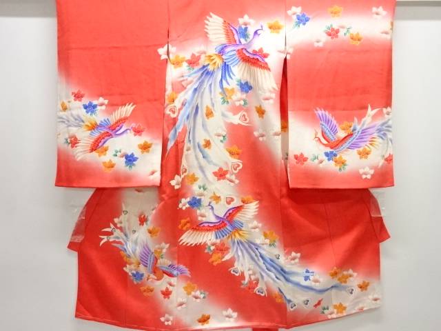 孔雀に草花模様着物【アンティーク】【中古】【着】