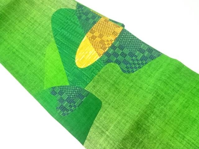 手織り紬切り嵌め抽象模様織出し袋帯（材料）【アンティーク】【中古】【着】