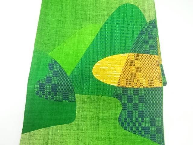 手織り紬切り嵌め抽象模様織出し袋帯（材料）【アンティーク】【中古】【着】