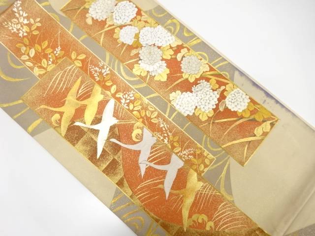 金彩群鶴に菊・観世水模様刺繍袋帯（材料）【アンティーク】【中古】【着】
