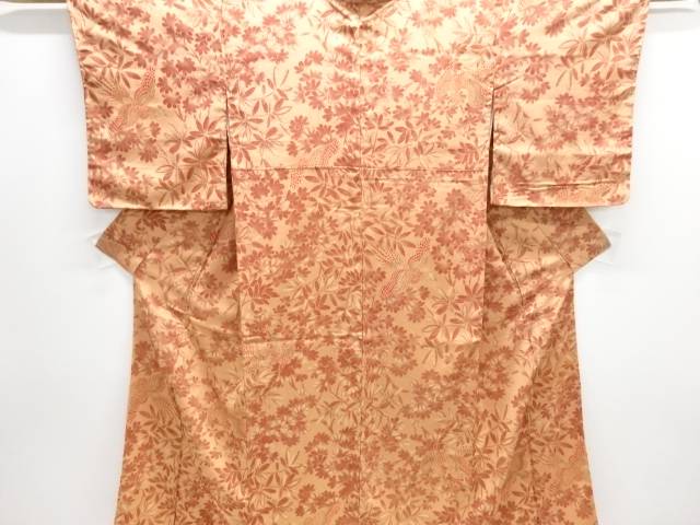 尾長鳥に草葉模様織り出し一つ紋お召着物【大正ロマン】【中古】【着】