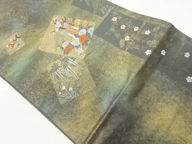 引箔色紙に御所車・草花模様織出し名古屋帯【中古】【着】