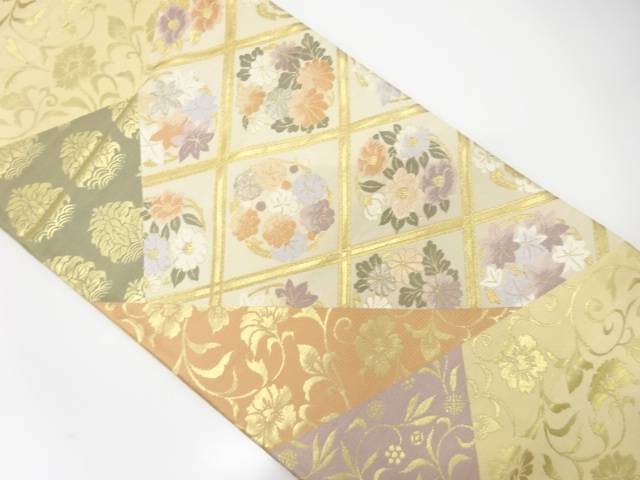 切り嵌め風斜め格子に花丸・唐花模様織出し袋帯（材料）【アンティーク】【中古】【着】