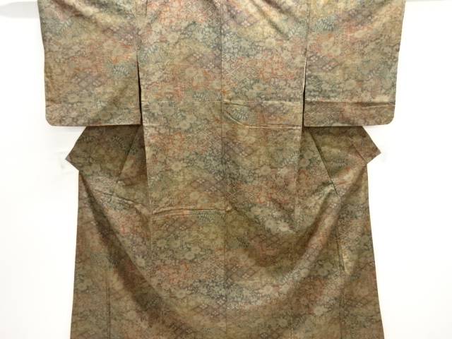 雲取りに花模様手織り紬着物【アンティーク】【中古】【着】