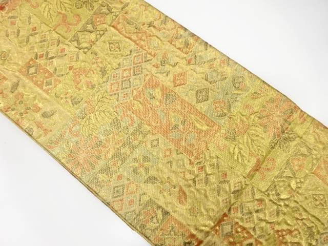 佐賀錦　変わり色紙に花唐草・古典柄模様織り出し袋帯(着用可)【アンティーク】【中古】【着】