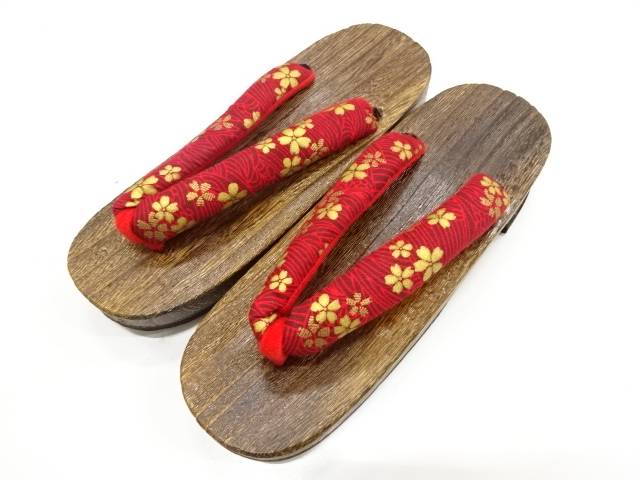 未使用品 花模様鼻緒 桐下駄(24センチ)【着】