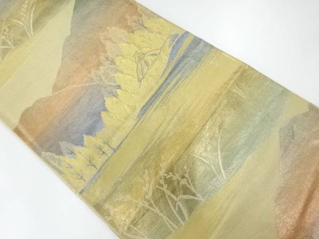 田舎風景模様織出し袋帯（材料）【アンティーク】【中古】【着】