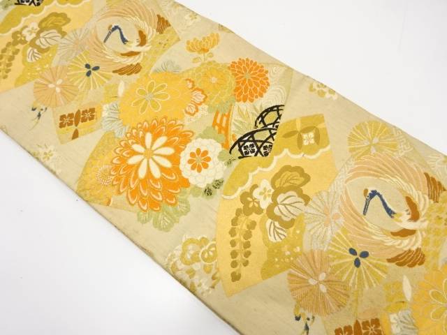 地紙に鶴・花模様織出し丸帯（材料）【アンティーク】【中古】【着】