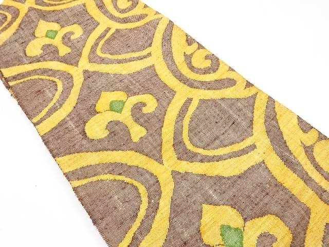 手織り真綿紬　花更紗模様織り出し名古屋帯【中古】【着】