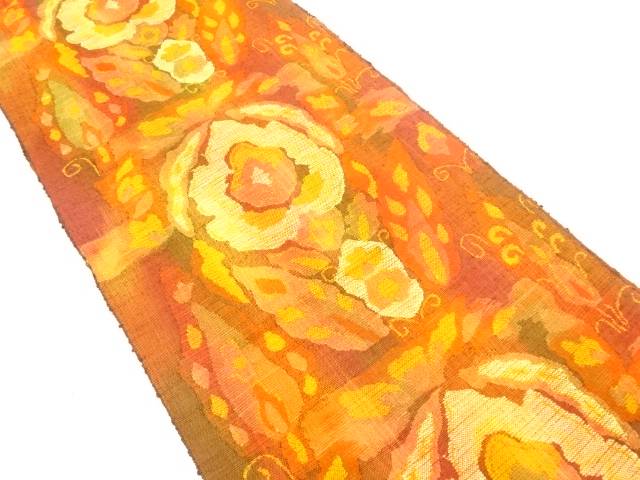 手織り紬　花更紗模様織り出し名古屋帯【中古】【着】(4)