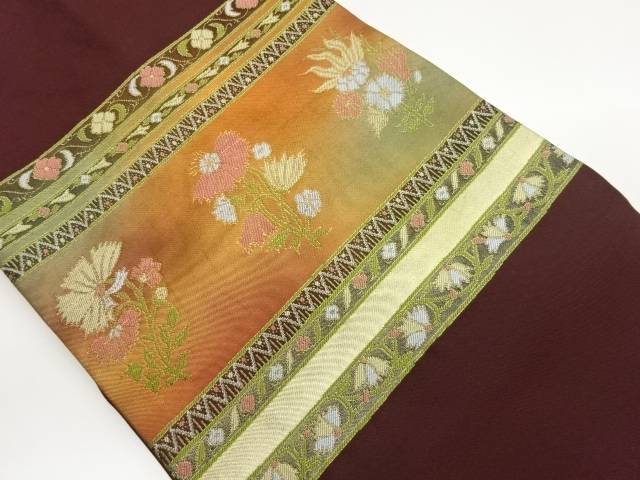 横段に草花模様織出し名古屋帯【中古】【着】