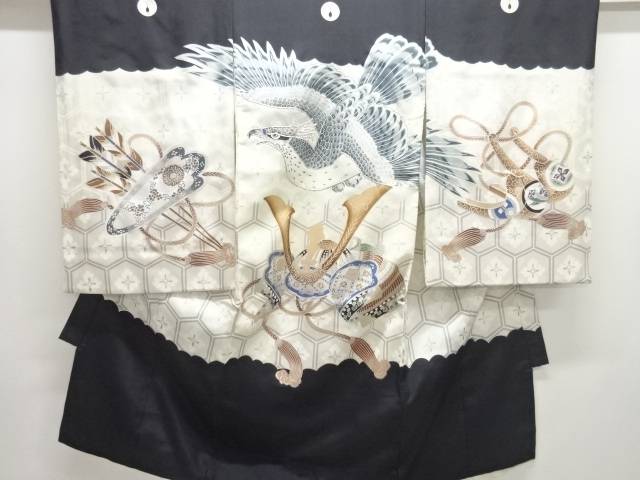 鷹に兜模様刺繍紋付男児着物(内袖・長襦袢付き)【中古】【着】【sp_off】