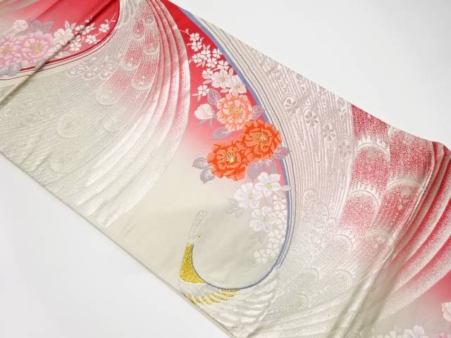 孔雀に洋花模様織出し袋帯（材料）【アンティーク】【中古】【着】