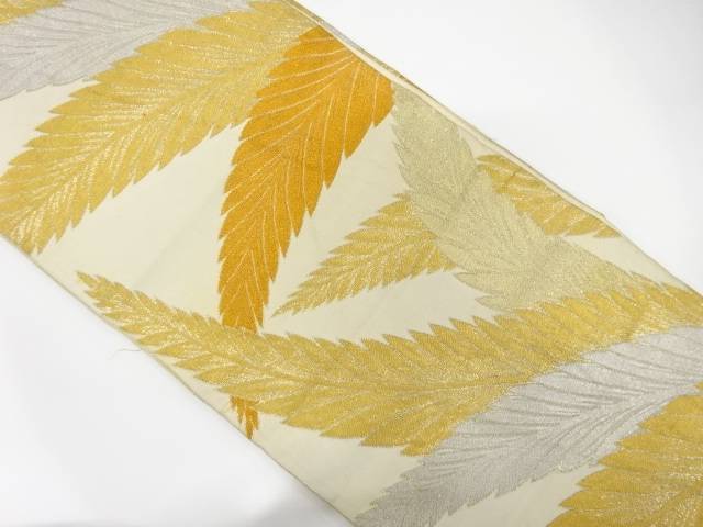 草葉模様織出し袋帯（材料）【アンティーク】【中古】【着】
