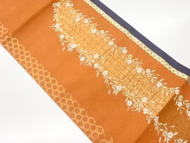 縞に桜・破れ格子模様織出し袋帯【中古】【着】