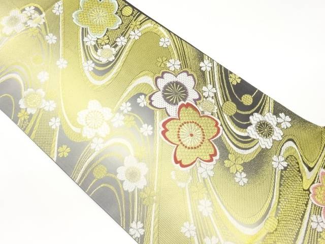 桜散らしに流水模様織出し袋帯【中古】【着】