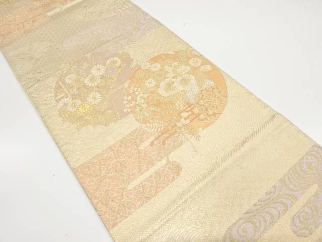 花車に観世水・菊模様織り出し袋帯(材料)【アンティーク】【中古】【着】【sp_off】