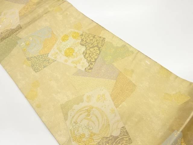引箔色紙に草花・古典柄模様織出し袋帯【中古】【着】