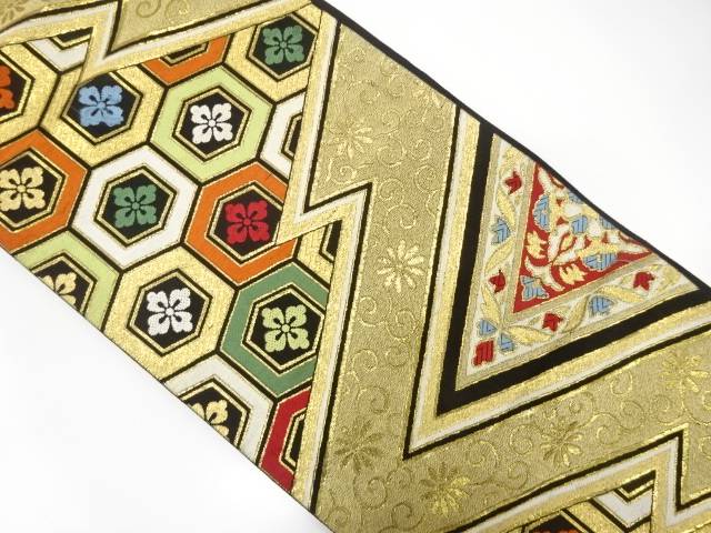 松皮菱に菱華文・花亀甲模様織出し袋帯（着用可）【アンティーク】【中古】【着】