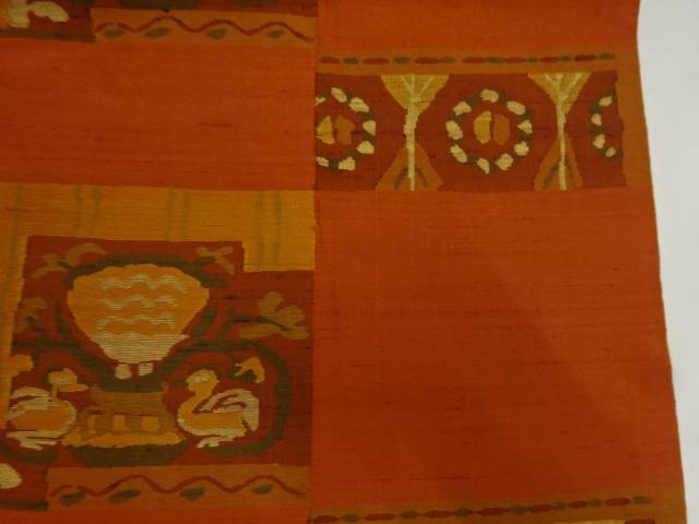 手織り紬変わり市松に花鳥模様織出し名古屋帯【リサイクル】【中古】【着】【名古屋帯】