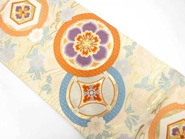 華紋に桜・七宝模様織り出し袋帯（材料）【アンティーク】【中古】【着】【袋帯】