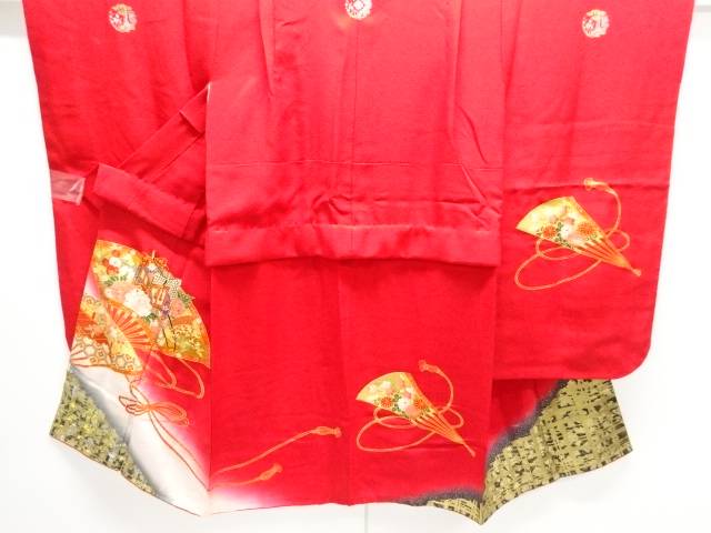 扇面に御所車・草花模様五つ紋子供着物【中古】【着】【その他】【sp_off】