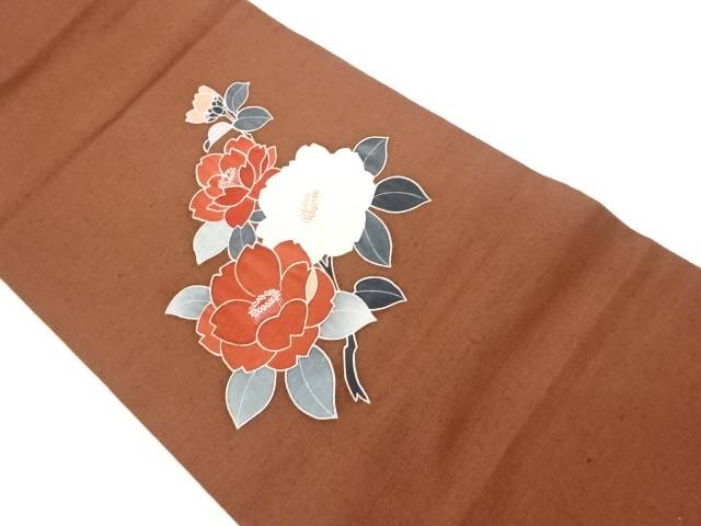 手織り紬手描き椿模様開き名古屋帯（額縁仕立て）【中古】【着】【名古屋帯】