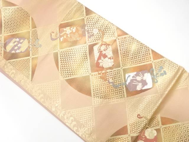 斜め格子に印籠・うさぎ模様織出し袋帯【中古】【着】【袋帯】