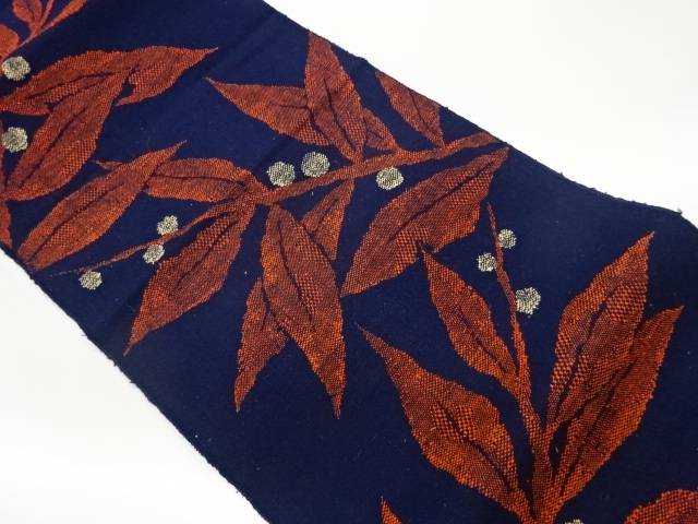 手織り紬葉模様織出し名古屋帯【中古】【着】【名古屋帯】