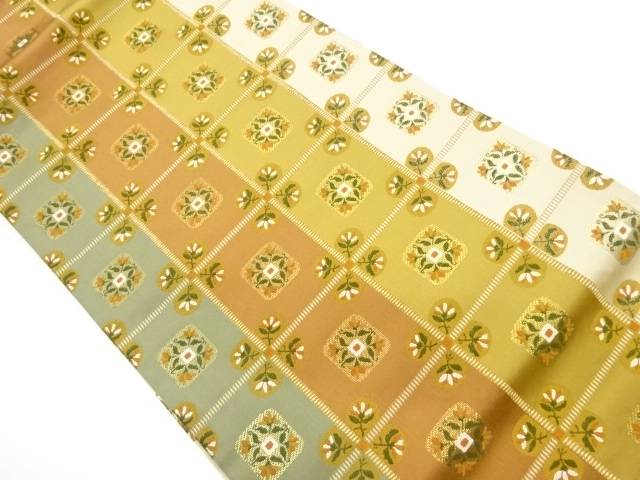 格子に草花模様織出し名古屋帯【中古】【着】【名古屋帯】